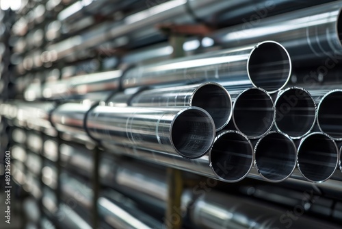 High quality steel pipe or aluminum in stack waiting for shipment in warehouse, Steel industry.  photo