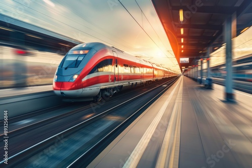 High speed train in motion on the railway station at sunset. Fast moving modern passenger train on railway platform. Railroad with motion blur effect. Commercial transportation. Blurred background