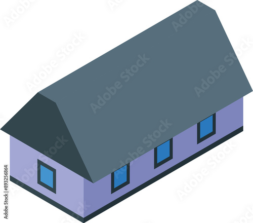 Long one storey house with gray roof isometric icon isolated on white background