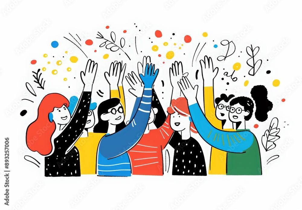 Fototapeta premium National Friendship Day. happy people giving high fives, minimalistic line art style with flat colors and simple shapes