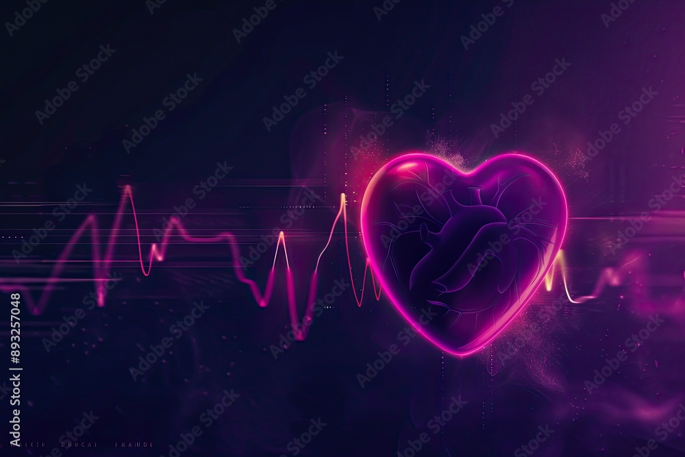 Glowing Heartbeat, a vibrant heart design illuminated by a pulsating line, infused with pink and purple hues against a deep, dark backdrop, symbolizing love and vitality. Glowing Heartbeat, a vibrant heart design illuminated by a pulsating line, infused with pink and purple hues against a deep, dark backdrop, symbolizing love and vitality.