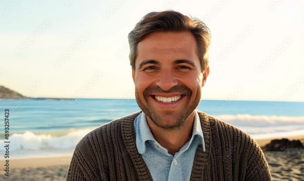 Medium shot portrait video of a grinning man in his 40s wearing a chic cardigan against a beach background Medium shot portrait video of a grinning man in his 40s wearing a chic cardigan against a beach background