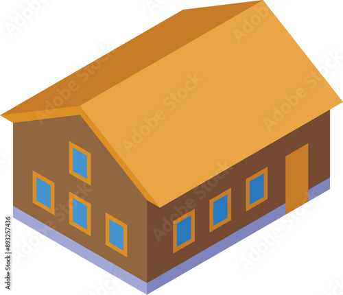 Isometric icon of a brown village house with yellow roof standing on blue foundation