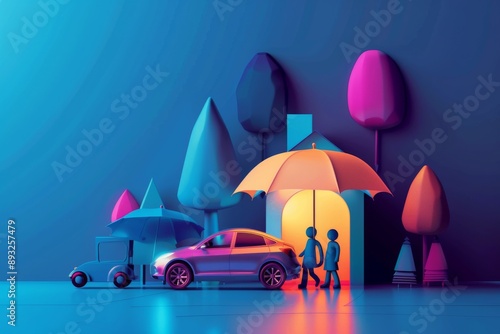 Insurance concept. Shield protect and family model with umbrella, Security protection and health insurance. The concept of family home, protection, health care day, car insurance