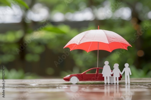 Insurance concept. Shield protect and family model with umbrella, Security protection and health insurance. The concept of family home, protection, health care day, car insurance