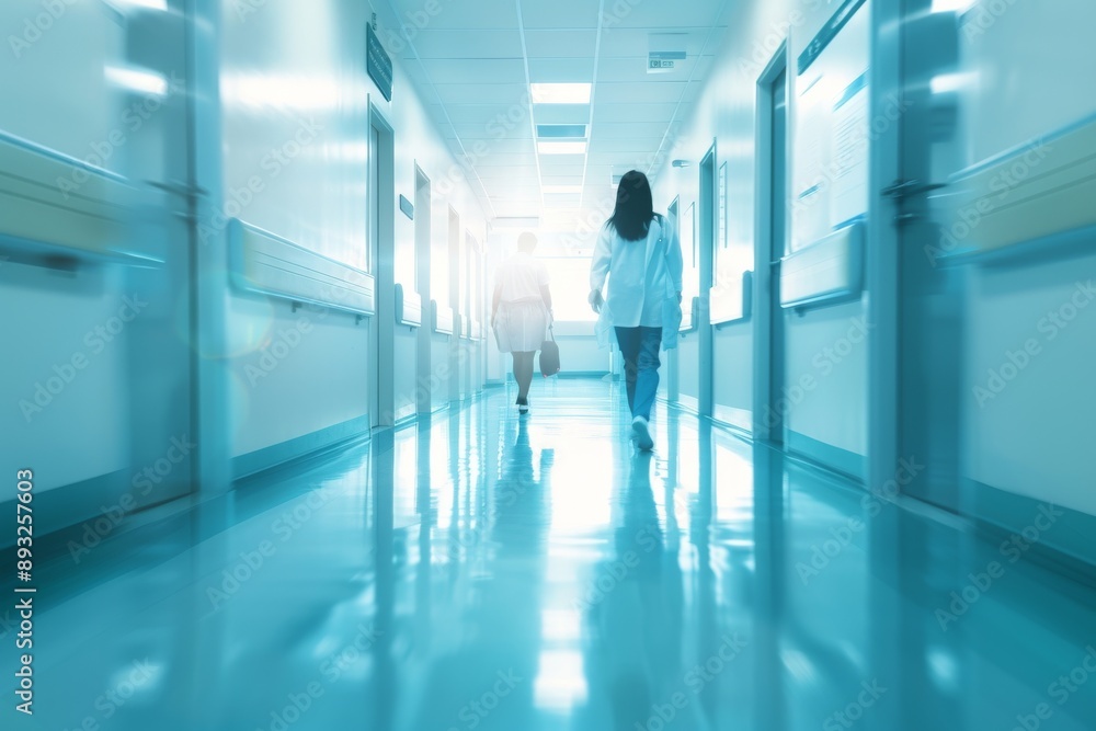 Obraz premium Interior of doctor and patient people in hospital corridor for background, Health care and medical technology concept. Motion blur effect.