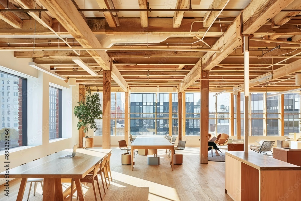 Urban workspace featuring exposed ceiling beams, light wood furnishings, expansive city view, designed for creativity and collaboration in a modern environment Urban workspace featuring exposed ceiling beams, light wood furnishings, expansive city view, designed for creativity and collaboration in a modern environment
