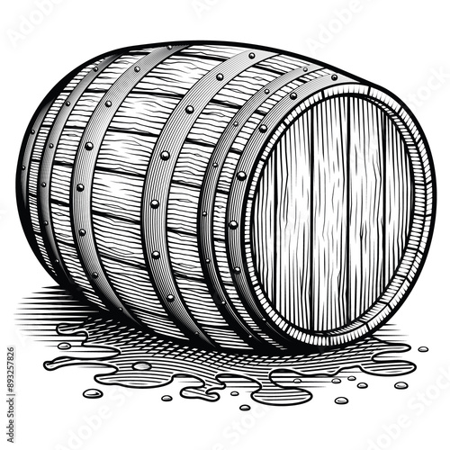 Beverage barrel. Vector illustration in engraving technique of wooden old alcohol cask.