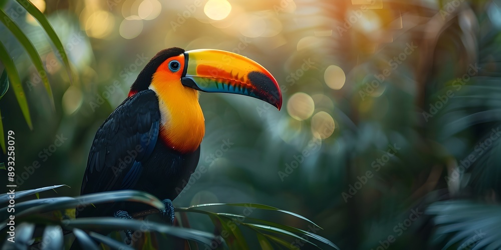 Fototapeta premium Vibrant Toucan Perched Amidst Lush Tropical Rainforest Foliage