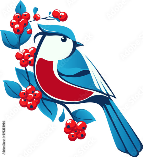 vector illustration of a cute animal, bird, bullfinch, winter, new year, holiday, color of America, stamp, postcard, winter rowan berries, decor, sticker, packaging, holiday label