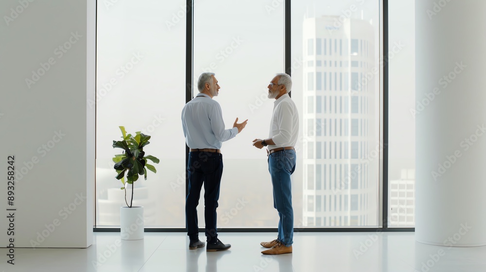 Two business professionals having a casual conversation in a modern office space. They are dressed in business casual attire and are standing in front of a large window. Two business professionals having a casual conversation in a modern office space. They are dressed in business casual attire and are standing in front of a large window.