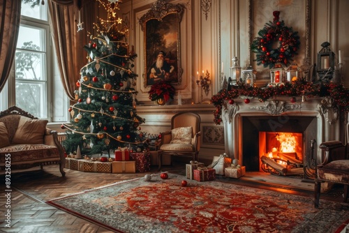 Living room home interior with decorated fireplace and christmas tree, vintage style. Christmas Holidays. Christmas Card. 