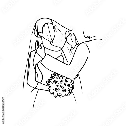 groom lifts the bride's veil - hand drawn outline drawing