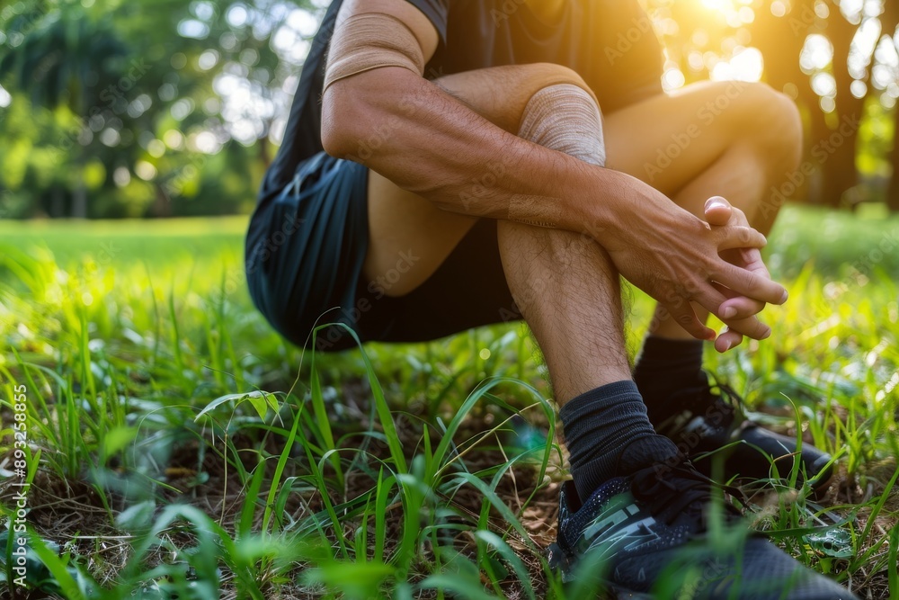 Man holding his Knee pain after exercise on the park. Muscle injury. Sport and healthy concept Man holding his Knee pain after exercise on the park. Muscle injury. Sport and healthy concept