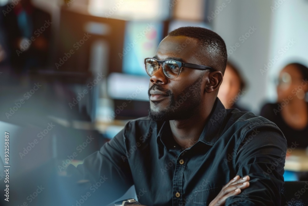 Man meeting with team in office for sharing idea innovating solutions for software development in a tech company. Man meeting with team in office for sharing idea innovating solutions for software development in a tech company.
