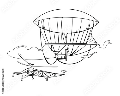 Retro aerostat in the sky black and white vector illustration isolated. Helicopter ink silhouette hand drawn. Air transport and clouds in contour. Simple cartoon transport coloring. Planes outline