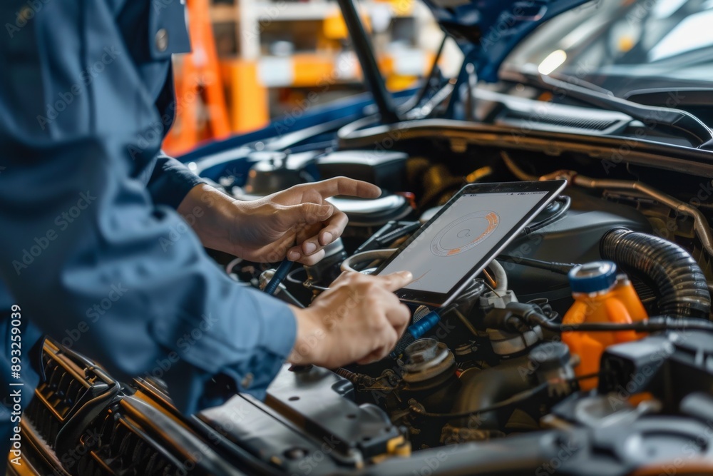 Obraz premium Mechanic inspects the car engine with a tablet computer. 