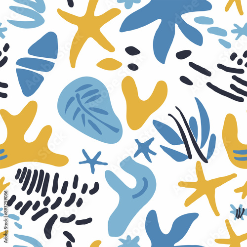 minimalistic beach motif seamless light blue and yellow pattern