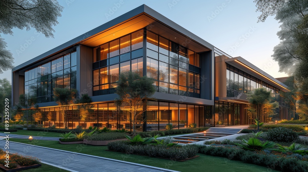 A Picture of a Modern Looking Building With Trees and Grass in Front of It - Generative AI A Picture of a Modern Looking Building With Trees and Grass in Front of It - Generative AI