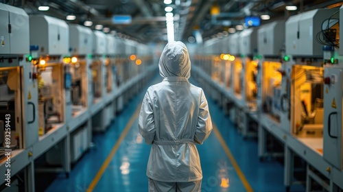 Wallpaper Mural Person in a cleanroom suit walking through a high-tech laboratory with advanced machinery, emphasizing scientific research and technology. Torontodigital.ca
