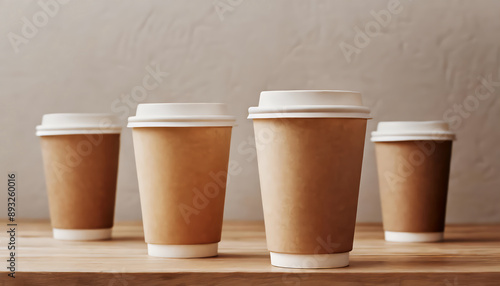 Craft paper coffee cups on a wooden table near light wall background 