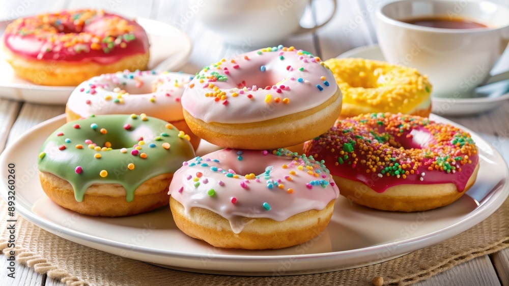 Freshly baked colorful donuts with creamy frosting and sprinkles artfully arranged on a elegant white porcelain plate. Freshly baked colorful donuts with creamy frosting and sprinkles artfully arranged on a elegant white porcelain plate.