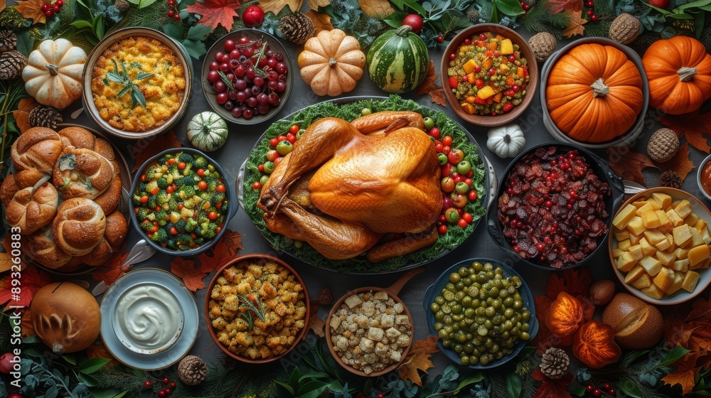 A Large Turkey Is Surrounded by a Variety of Vegetables and Fruits on a Table - Generative AI A Large Turkey Is Surrounded by a Variety of Vegetables and Fruits on a Table - Generative AI