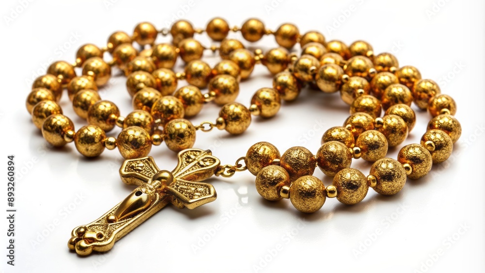 Intricately designed golden rosary with ornate cross pendant lies serenely against a pristine white background, symbolizing faith and spirituality. Intricately designed golden rosary with ornate cross pendant lies serenely against a pristine white background, symbolizing faith and spirituality.