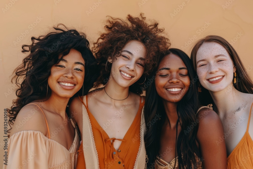 Portrait of happy diverse multi ethnic young women on beige background. Portrait of happy diverse multi ethnic young women on beige background.