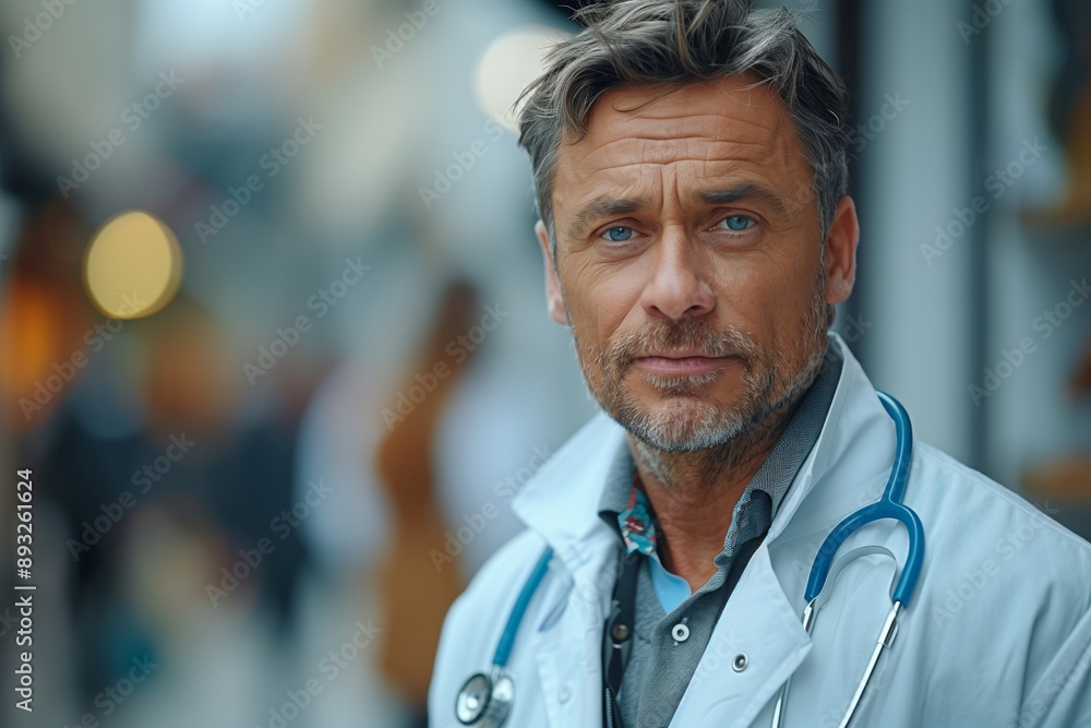 A Male Doctor in a White Coat With a Stethoscope Stands in a Busy City Setting A Male Doctor in a White Coat With a Stethoscope Stands in a Busy City Setting