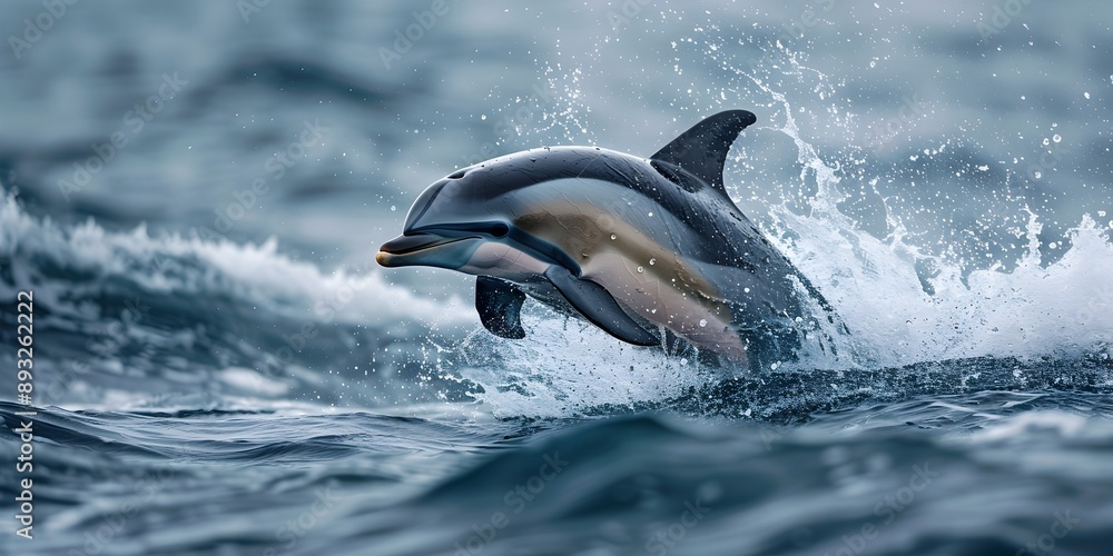 Fototapeta premium Playful Dolphin Leaping from the Ocean with Sparkling Water Droplets