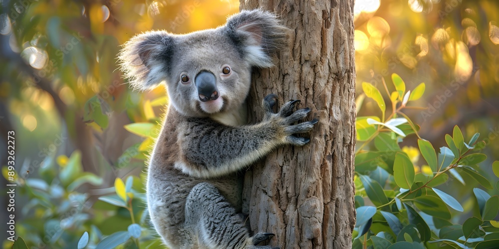 Fototapeta premium Gentle Koala Clinging to Eucalyptus Tree in Serene Forest Landscape