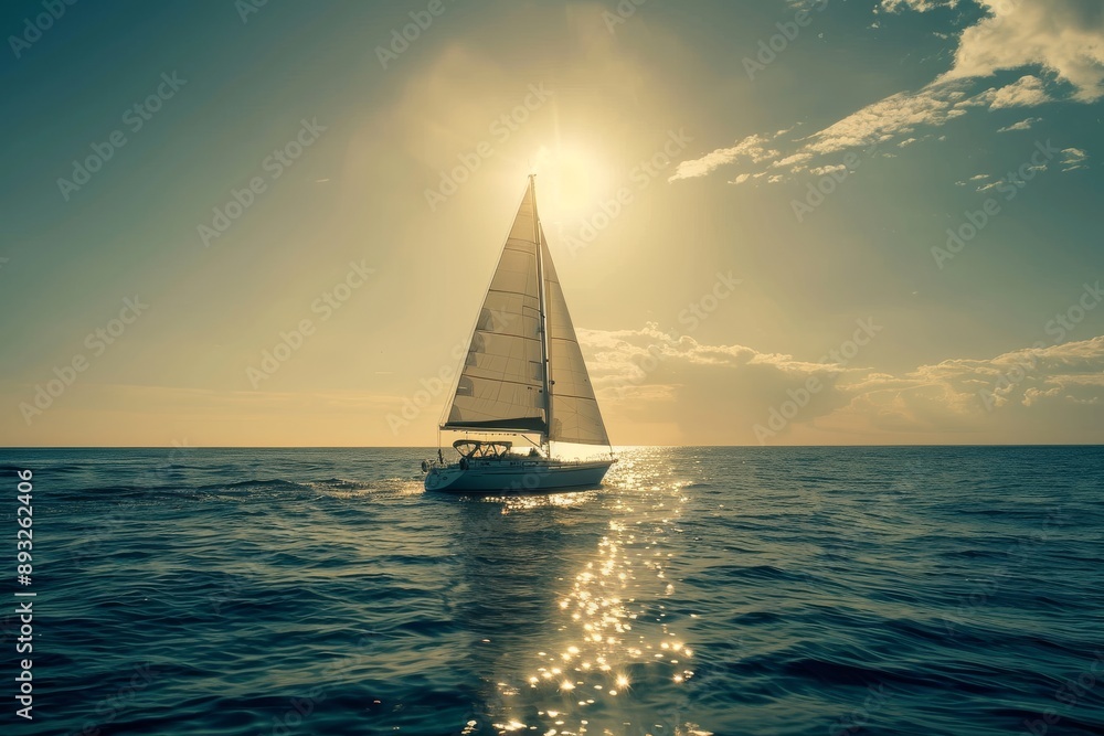 Obraz premium Sailboat in the sea under sunlight, luxury summer adventure, outdoor activities at sea. Sailboat sailing on ocean. 