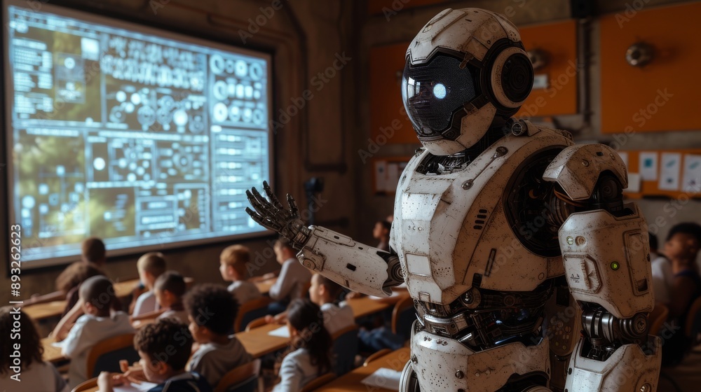 A Robot Standing In Front of a Classroom Full of Students With a Large Screen Behind Them - Generative AI A Robot Standing In Front of a Classroom Full of Students With a Large Screen Behind Them - Generative AI