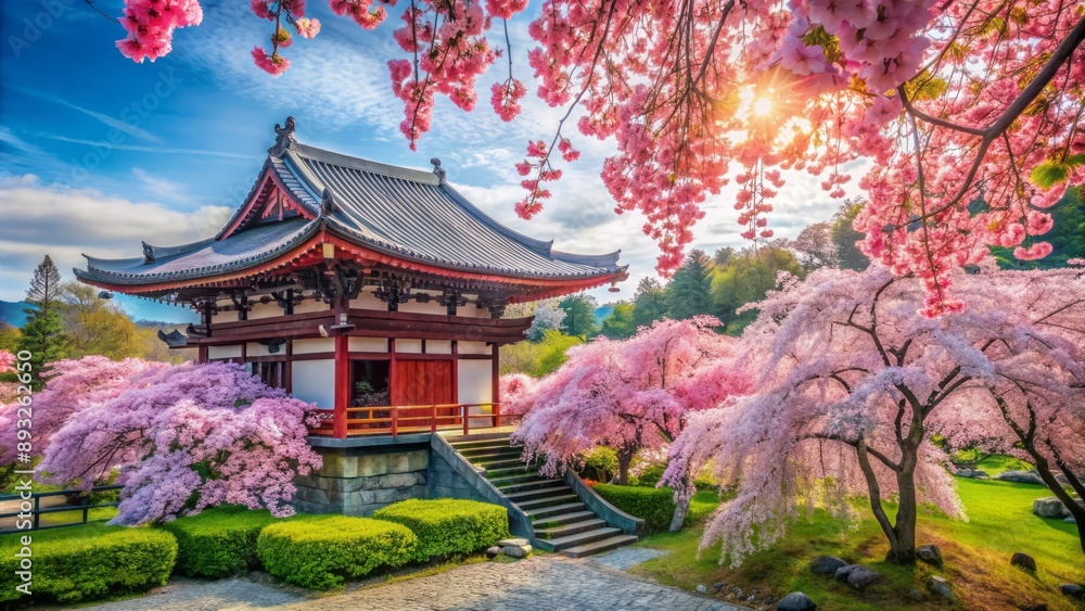 Serene anime-inspired temple nestled amidst vibrant pink cherry blossom blooms, surrounded by lush greenery, evoking peaceful springtime ambiance. Serene anime-inspired temple nestled amidst vibrant pink cherry blossom blooms, surrounded by lush greenery, evoking peaceful springtime ambiance.