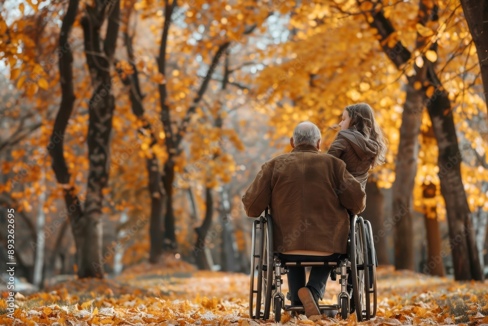Senior man in wheelchair with his daughter standing on back for take care in autumn park Senior man in wheelchair with his daughter standing on back for take care in autumn park