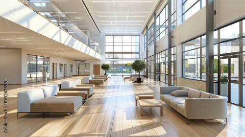 High school lobby with a contemporary design, featuring light wooden floors and sleek furniture