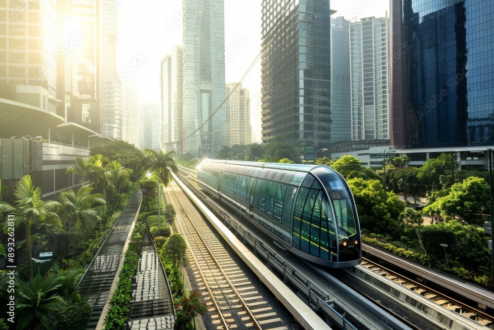 Fototapeta premium Modern Train Traveling Through a City Landscape