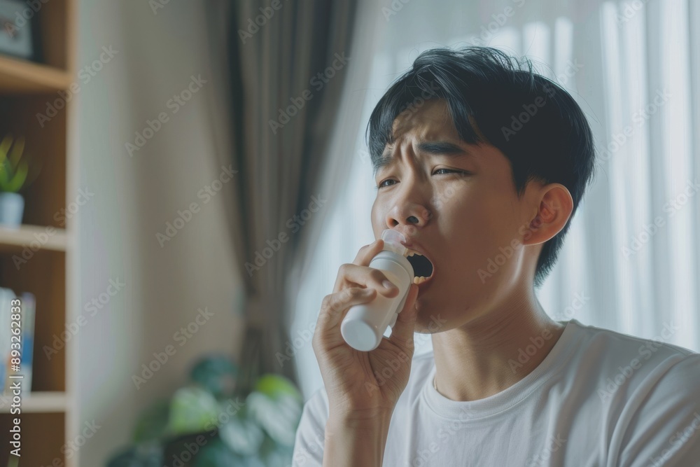 Sick Asian young man using inhaler to treat asthma and respiratory diseases at home. Asthma attack. Concept of allergy care. 