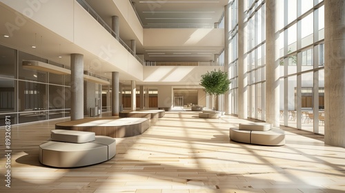 High school lobby with a contemporary design, featuring light wooden floors and sleek furniture © Noreen