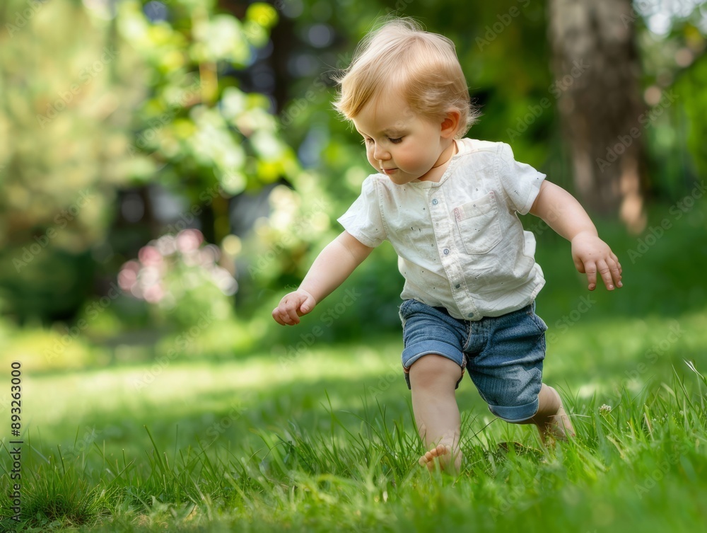 Exploring the World: A Blond Toddler Takes His First Steps in the Garden Exploring the World: A Blond Toddler Takes His First Steps in the Garden