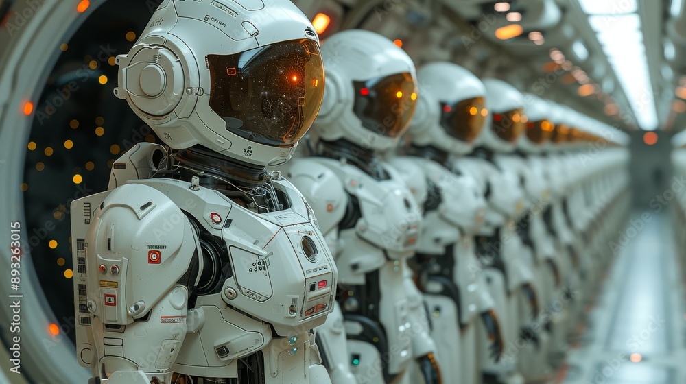 Fototapeta premium A Row of White Robots Lined up Next to Each Other in a Large Room - Generative AI