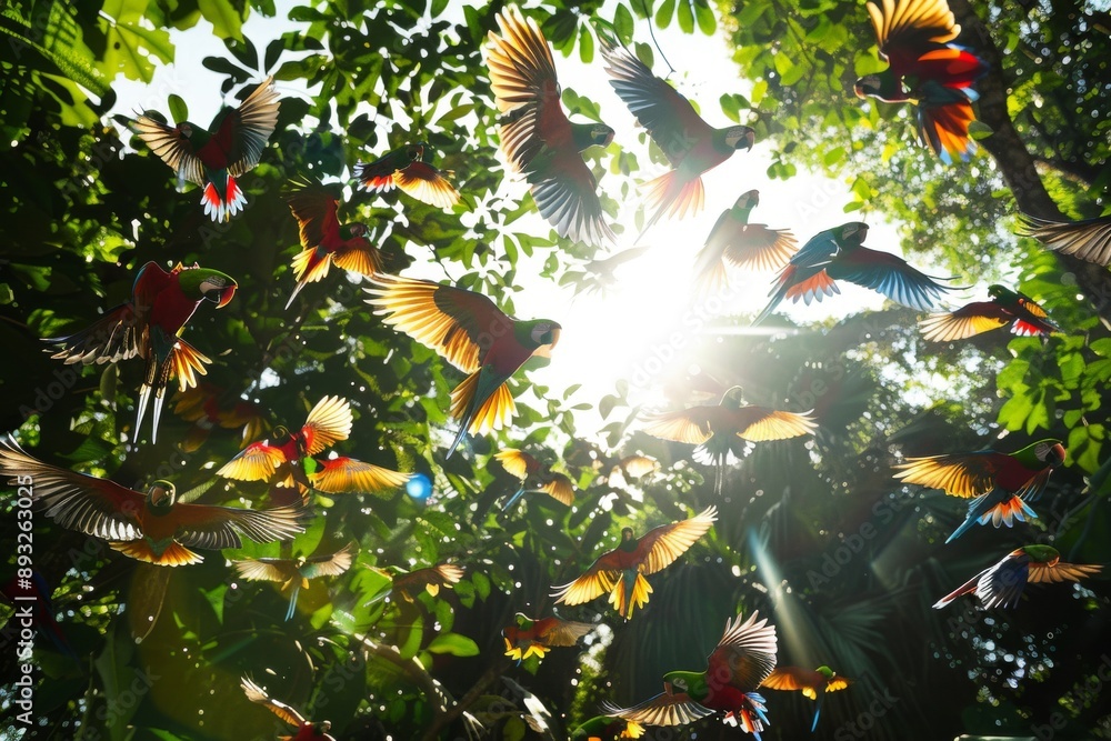 A Sun-Drenched Canopy of Colorful Macaws A Sun-Drenched Canopy of Colorful Macaws