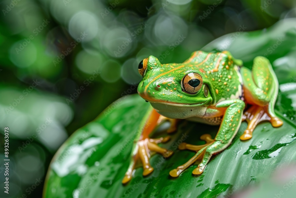 Naklejka premium Green Tree Frog on a Leaf