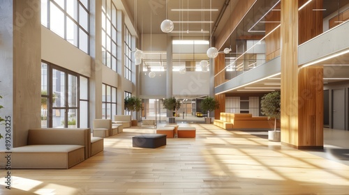 High school lobby with a contemporary design, featuring light wooden floors and sleek furniture