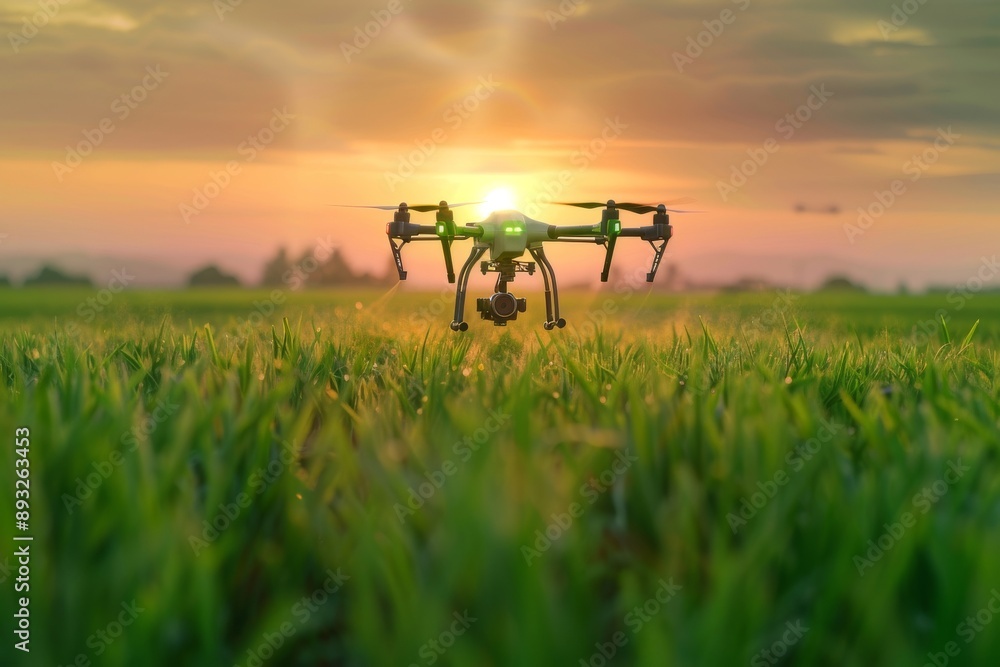 Smart farm drone flying spray over green field, Modern technologies in agriculture. Smart farm drone flying spray over green field, Modern technologies in agriculture.