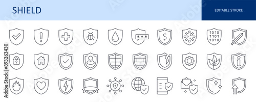 Vector icons defense shield. Protective symbol, safety and security of home, plants, mail from viruses and different troubles. Medieval shield and sword, coat of arms. Editable stroke black line set.