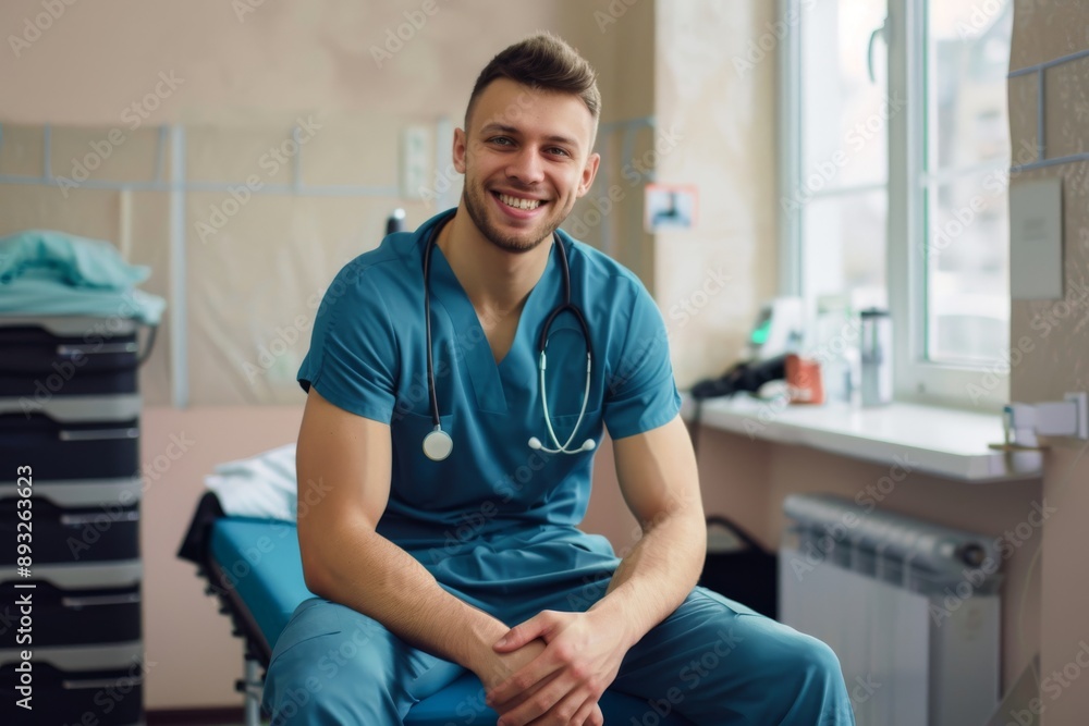 Smiling young physiotherapist man sitting on stretcher in medical clinic. Smiling young physiotherapist man sitting on stretcher in medical clinic.