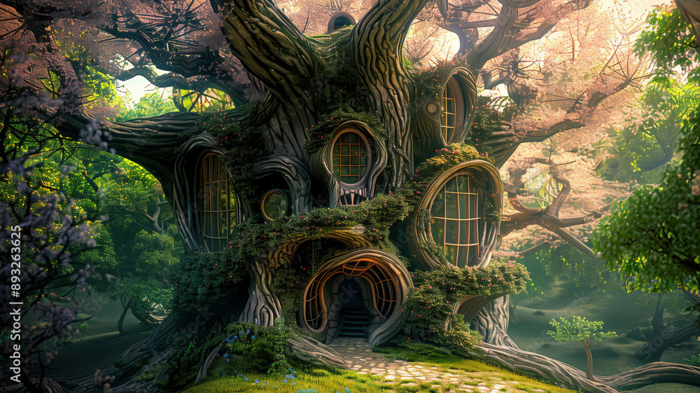 Naklejka premium Enchanted Treehouse Haven: A whimsical treehouse nestled amidst the ancient boughs of a magical forest, bathed in dappled sunlight.