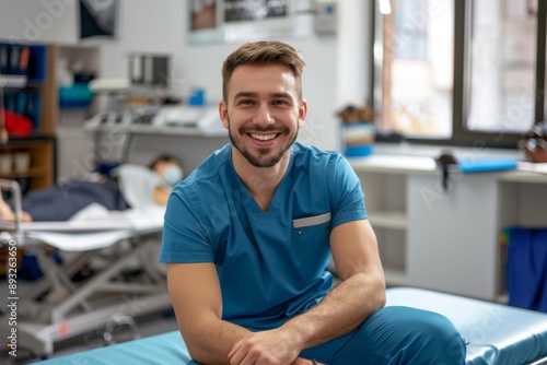 Smiling young physiotherapist man sitting on stretcher in medical clinic. 